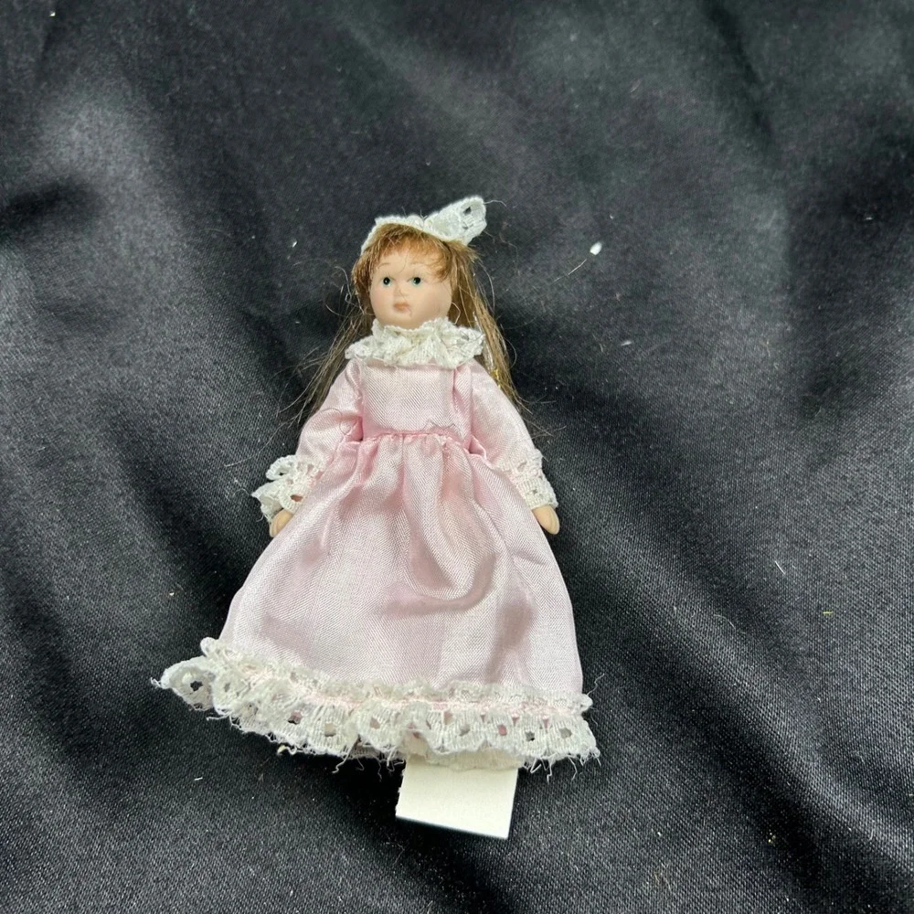 Vintage Miniature Porcelain Doll Ornament Pink Lace Victorian Dress 4 inch